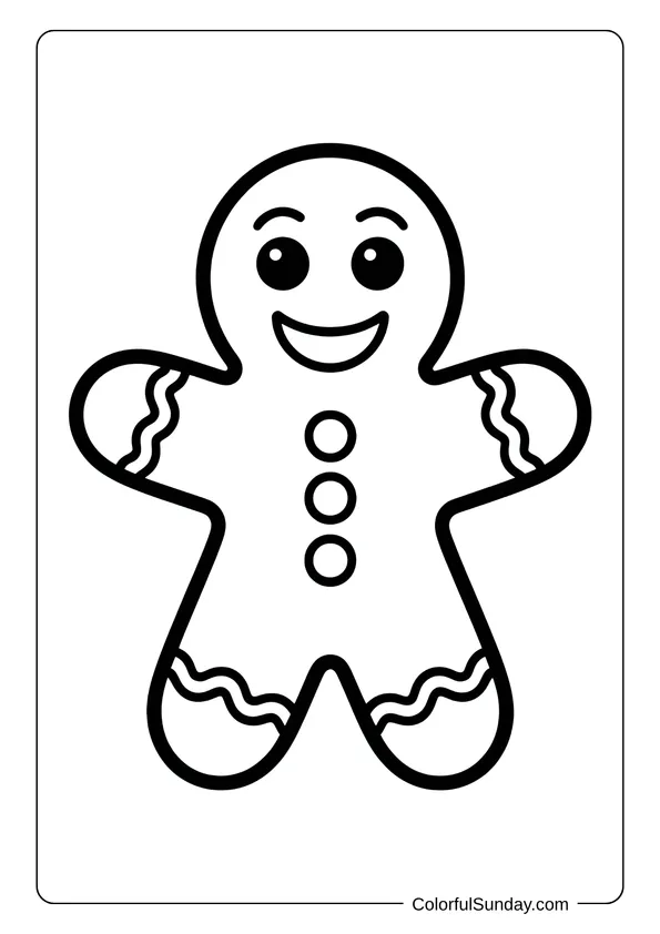 A simple gingerbread man with three buttons smiles in this easy coloring page design.