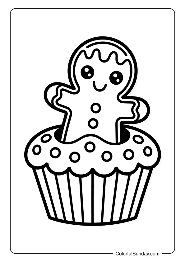 A cute gingerbread figure pops out of a cupcake in a sweet and simple coloring page.