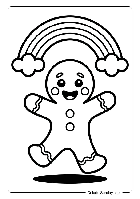 A cheerful gingerbread cookie jumps under a rainbow, making a sweet coloring page.