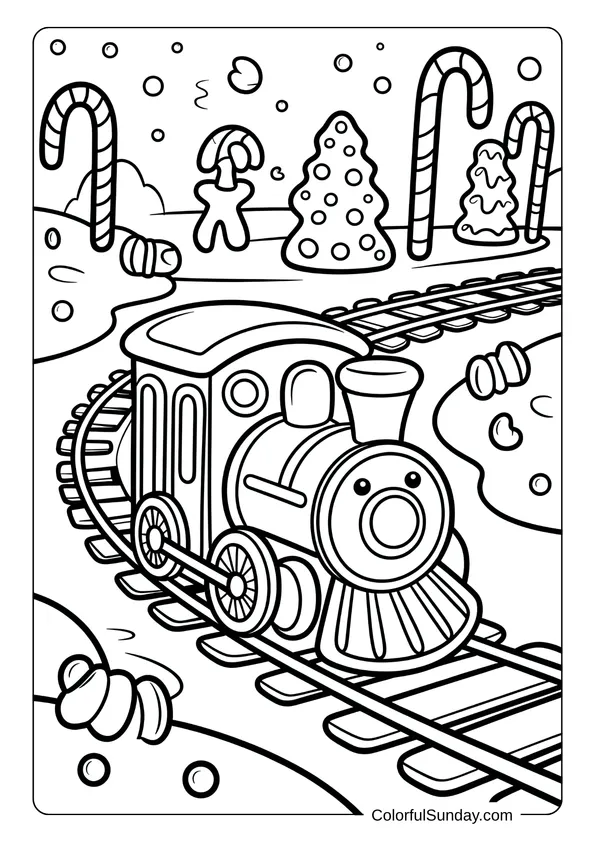 A small train rides on curved tracks in a gingerbread land full of candy, shown as a coloring page.