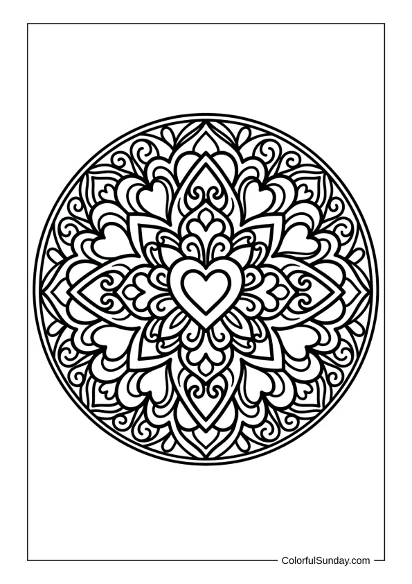 Easy heart mandala in a coloring page