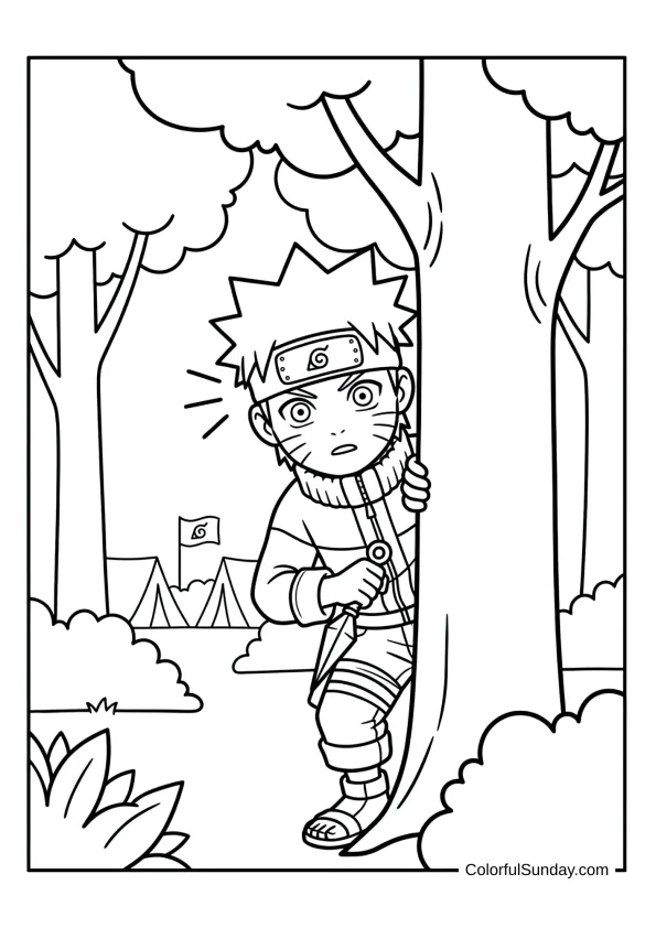 Naruto searching forest for foes in adventurous coloring page.