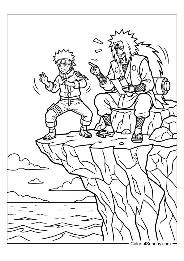 Naruto and Jiraiya training beside sea in inspiring coloring page.