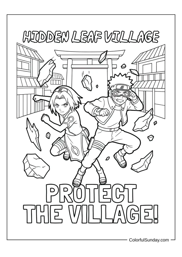 Naruto and Sakura working together defending village in intense coloring page.