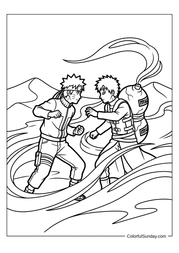 Naruto and Gaara facing off in desert scene coloring page.