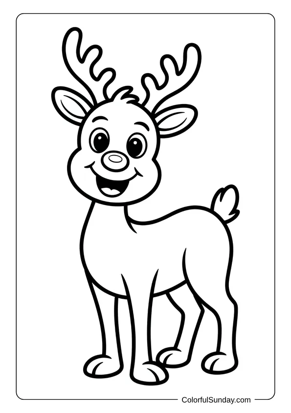 A cute Rudolph with a big smile and shiny nose, perfect for an easy kids’ Christmas coloring page.