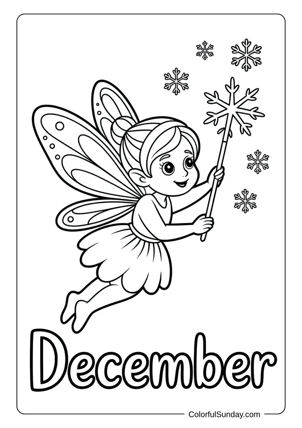 A happy fairy holding a snowflake wand in a magical December coloring page.