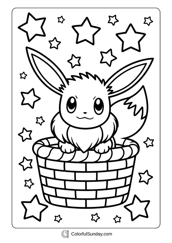 Pokemon Badges And Logo Coloring Page Eevee pops up from a woven basket with stars around it in a Pokémon scene perfect as a coloring page.