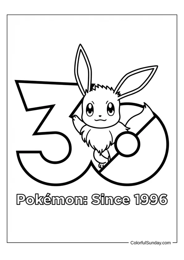 Cute Eevee celebrating Pokémon 30th anniversary in a simple coloring page.