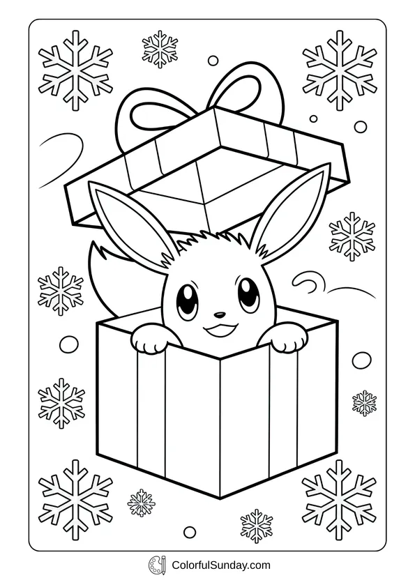 Pikachu From Pokemon Coloring Page Eevee peeks out of a gift box with snowflakes falling, bringing a festive touch to this Pokémon coloring page.