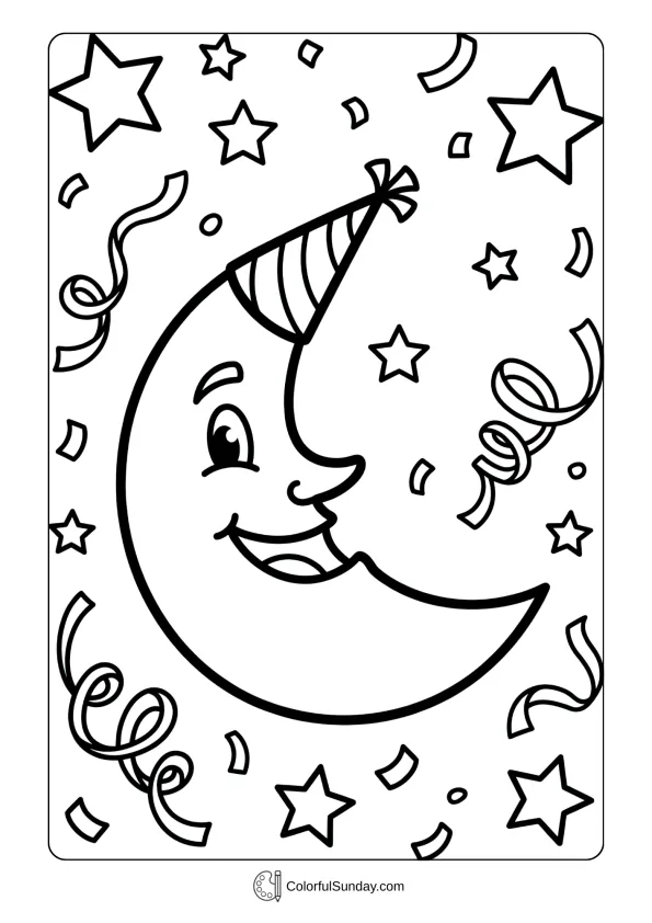 Joyful crescent moon marking end of Ramadan and Eid celebration coloring page