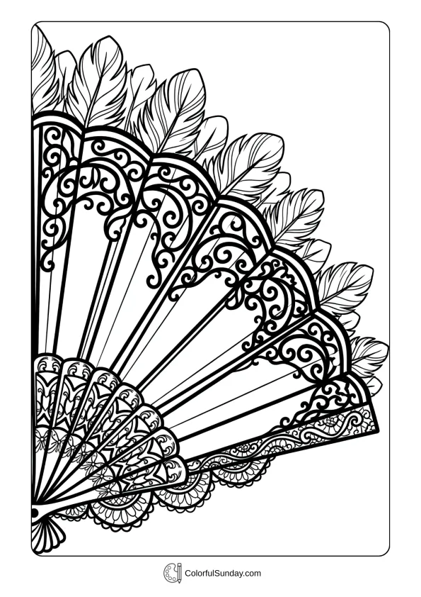 Decorative hand fan adorned with feathers and lace for elegant Mardi Gras coloring page.