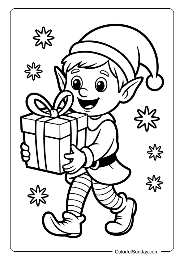 A happy elf carrying a Christmas present walks with a big smile in this coloring page.