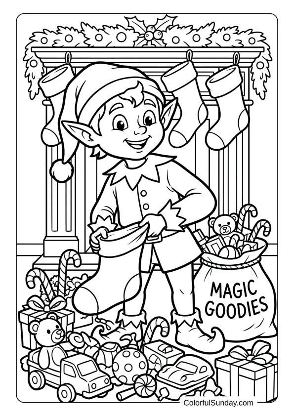 A cheerful elf coloring page carefully filling a Christmas stocking with magical presents and goodies