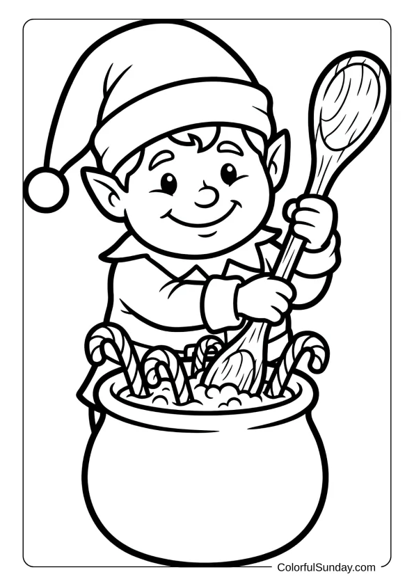 A cheerful elf stirring a big pot making fresh candy canes with swirls coloring page.