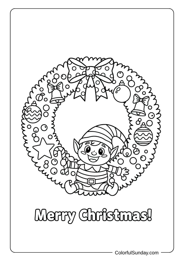 A Christmas wreath coloring page with a cheerful elf sitting in the center.