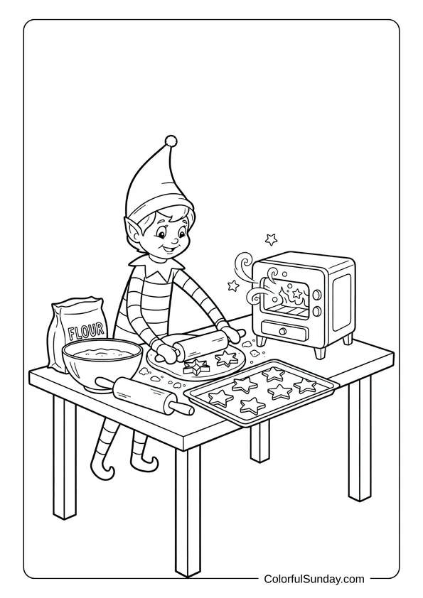 A baking Elf on the Shelf coloring page with the elf making delicious star cookies
