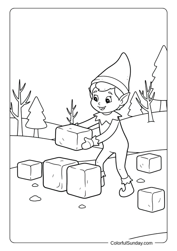 A winter fun Elf on the Shelf coloring page featuring the elf building a snow fort outside