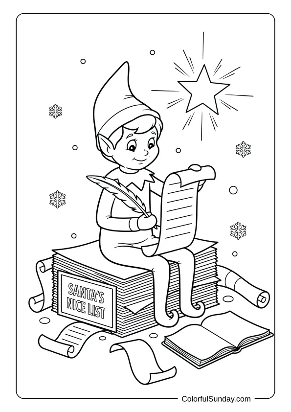 A holiday coloring page of Elf on the Shelf checking names on Santa’s nice list
