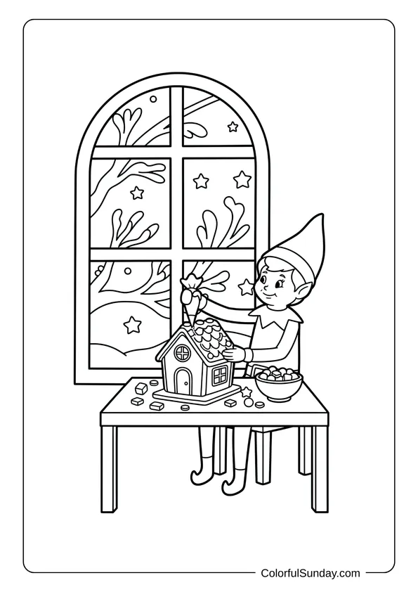 A sweet Christmas coloring page of Elf on the Shelf decorating a gingerbread house with candy