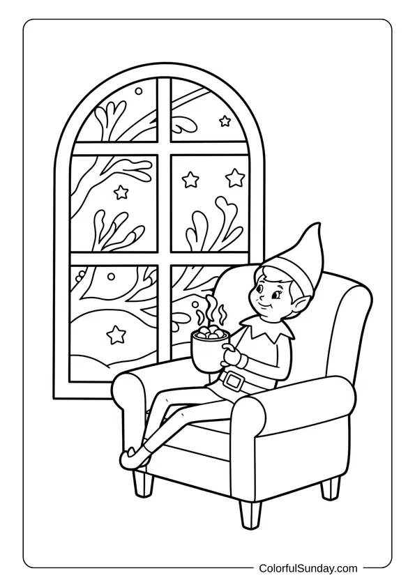 A cozy Elf on the Shelf coloring page enjoying a warm mug of cocoa with marshmallows