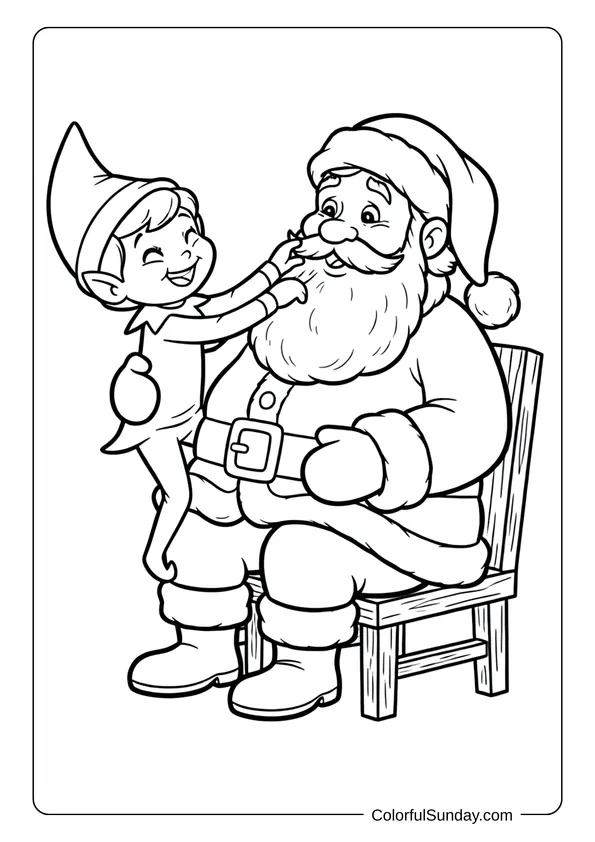 A Christmas coloring page of Elf on the Shelf helping Santa fix his fluffy beard