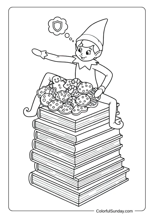 A cookie-lover Elf on the Shelf coloring page with the elf protecting a plate of cookies