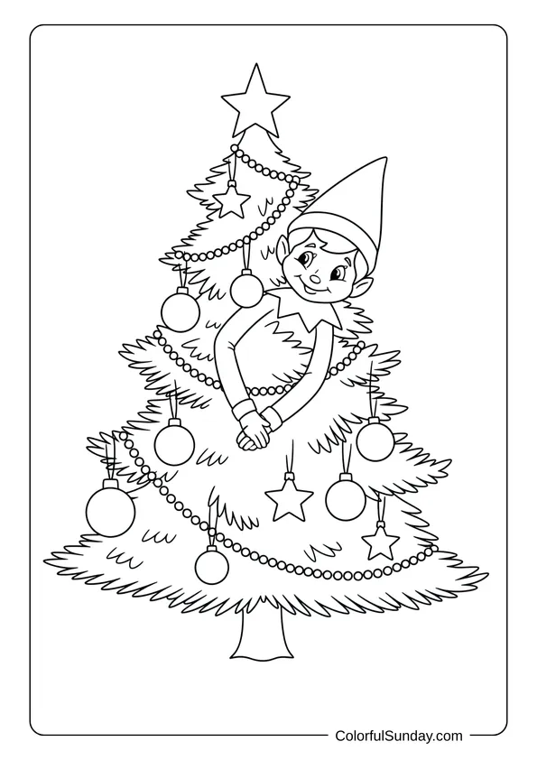 A festive coloring page showing Elf on the Shelf hiding inside a decorated Christmas tree