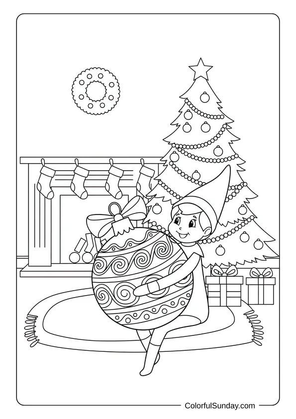 A decorating Elf on the Shelf coloring page showing the elf hugging a big ornament