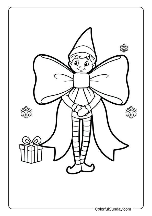 A silly Elf on the Shelf coloring page with the elf wearing a giant gift bow as a costume