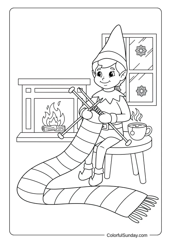 A cozy Elf on the Shelf coloring page with the elf knitting a long warm scarf