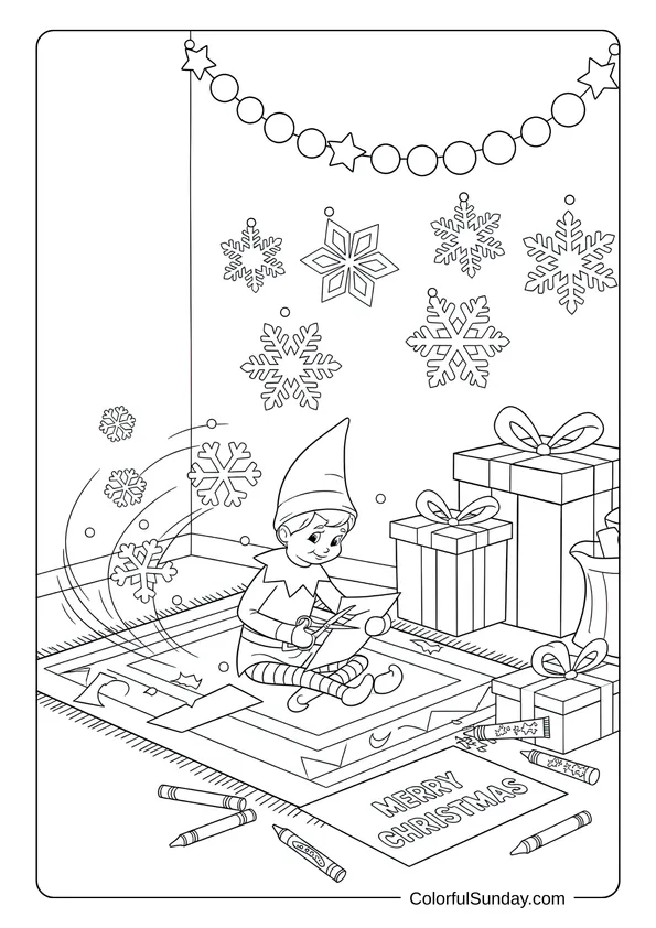 A creative Elf on the Shelf coloring page showing the elf making paper snowflakes