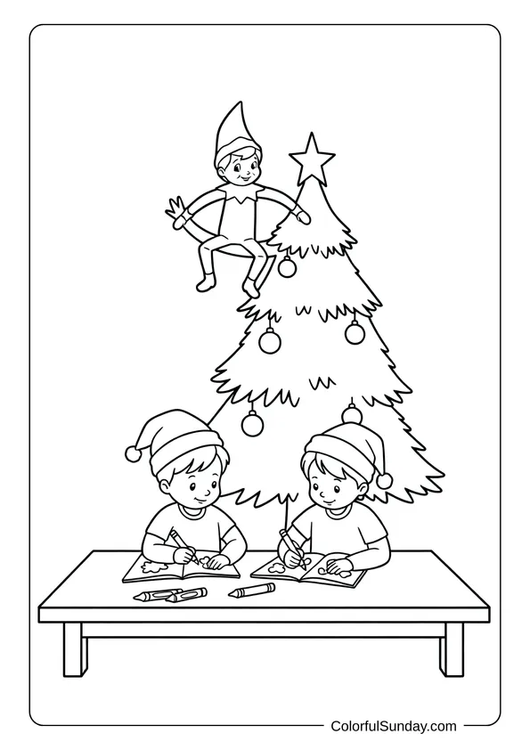 A lookout Elf on the Shelf coloring page of the elf balancing on a Christmas tree branch