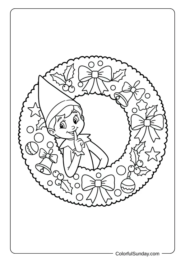A festive Elf on the Shelf coloring page with the elf peeking from behind a big wreath