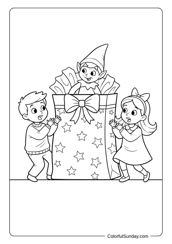 A surprise Elf on the Shelf coloring page with the elf peeking from a gift bag