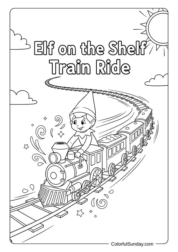A playful Elf on the Shelf coloring page showing the elf riding a tiny toy train
