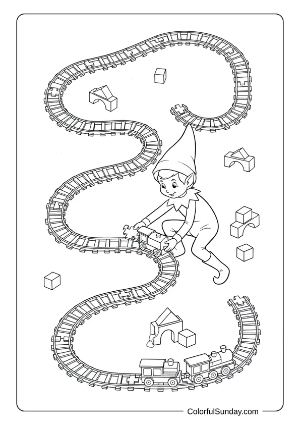 A Christmas playtime coloring page showing Elf on the Shelf building and racing toy train tracks