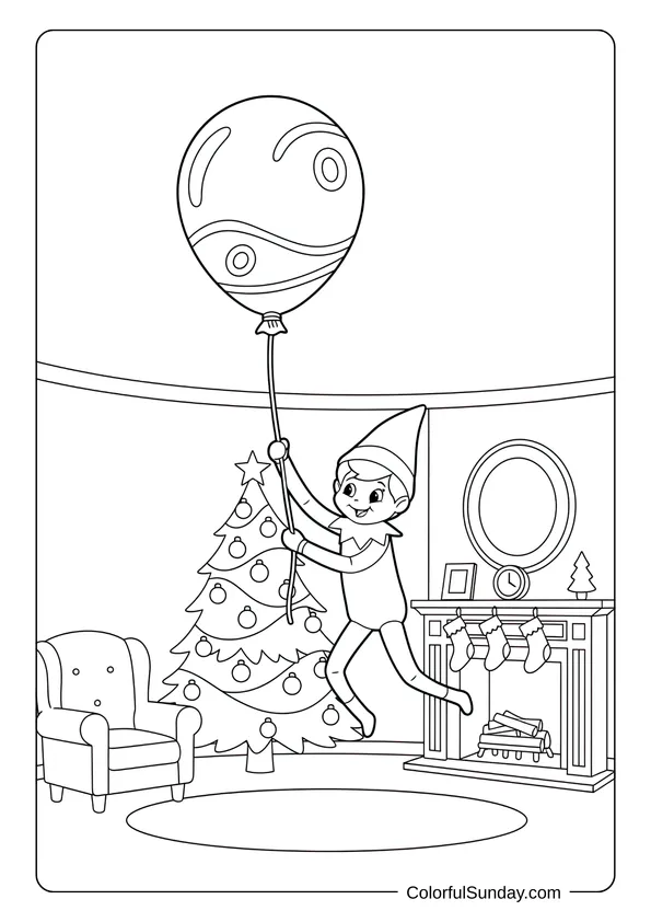 A fun Elf on the Shelf coloring page with the elf holding a floating balloon inside the house
