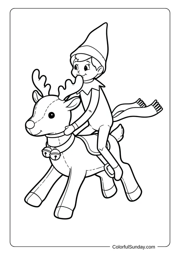 A cute Elf on the Shelf coloring page of the elf riding a soft reindeer plush