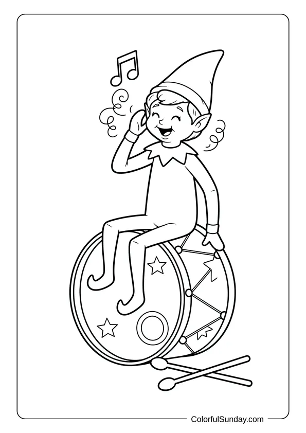 A music-loving Elf on the Shelf coloring page with the elf sitting on a drum and humming