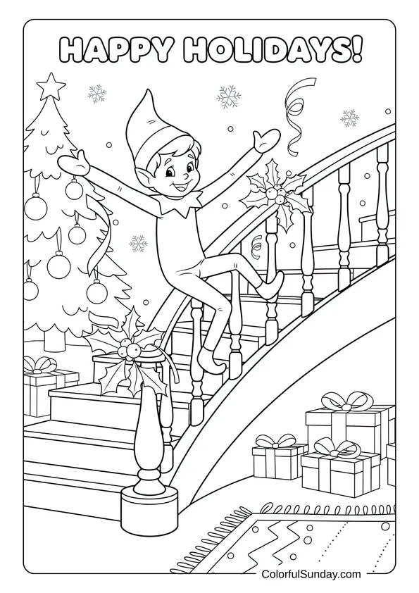 A fun Elf on the Shelf coloring page of the elf sliding down a staircase banister