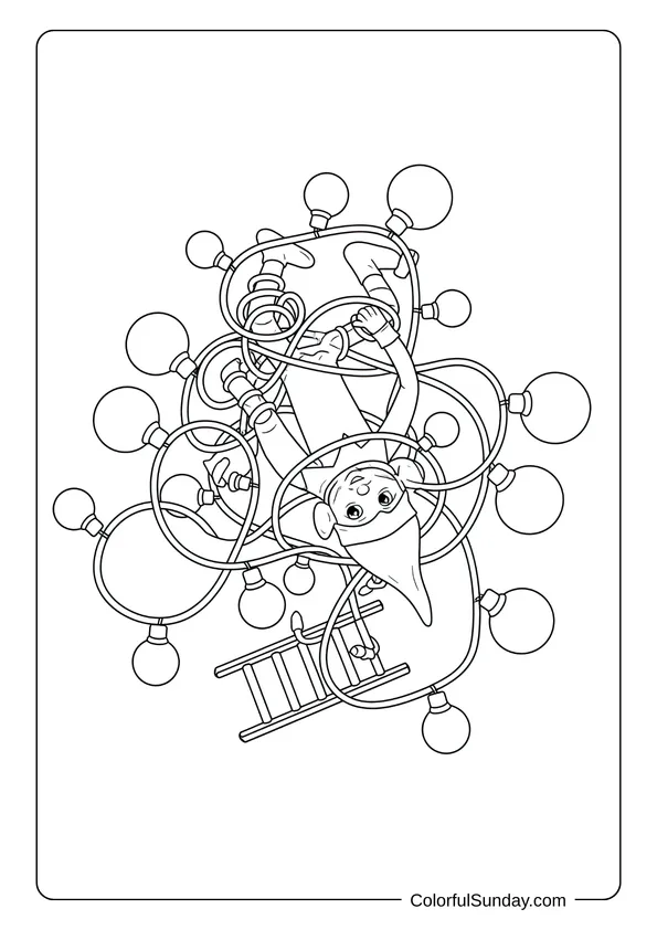 A funny Elf on the Shelf coloring page showing the elf tangled in Christmas lights
