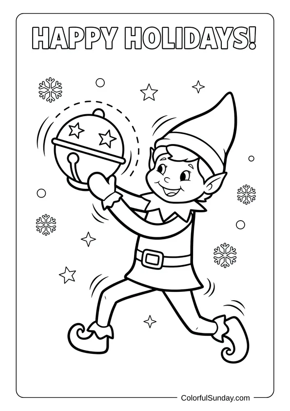 A joyful Elf on the Shelf coloring page showing the elf ringing a big jingle bell