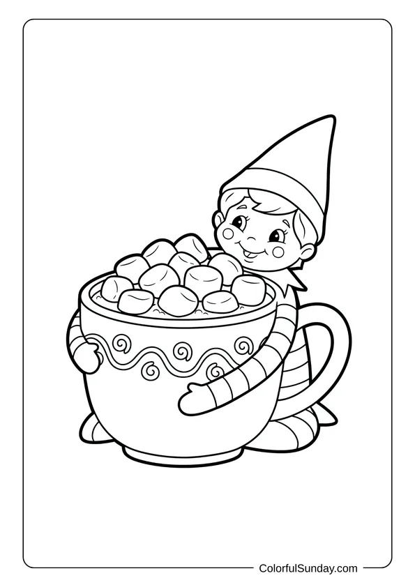 A warm holiday coloring page of Elf on the Shelf hugging a mug full of marshmallows
