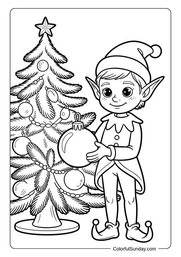 Christmas elf decorating a tree with shiny ornaments shown in a cheerful coloring page.