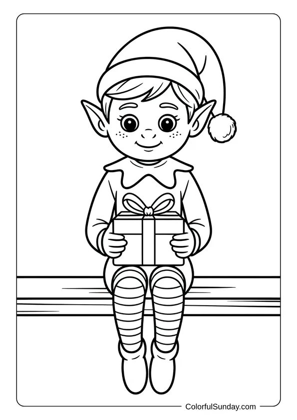 Elf on the Shelf Coloring Page An elf sitting on a shelf holding a wrapped gift with a kind expression, drawn for a Christmas coloring page.