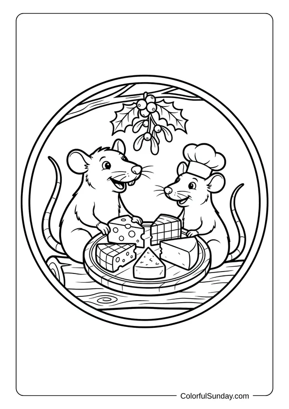 Coloring page of Disney Christmas with Remy and Emile sharing cheese under mistletoe in a cozy kitchen scene.