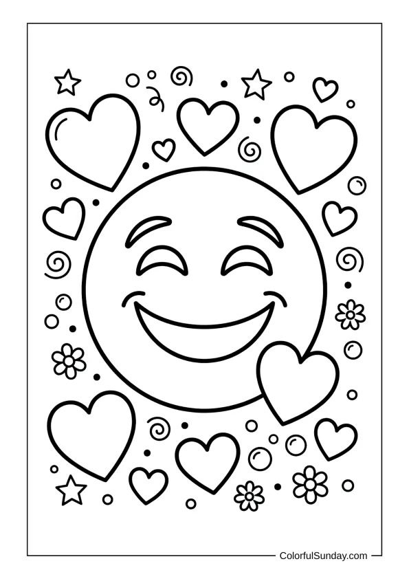 Emoji face with hearts in a coloring page