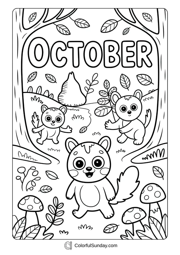 Pikachu From Pokemon Coloring Page Two cute animals playing in a forest with mushrooms and leaves frame this October coloring page.