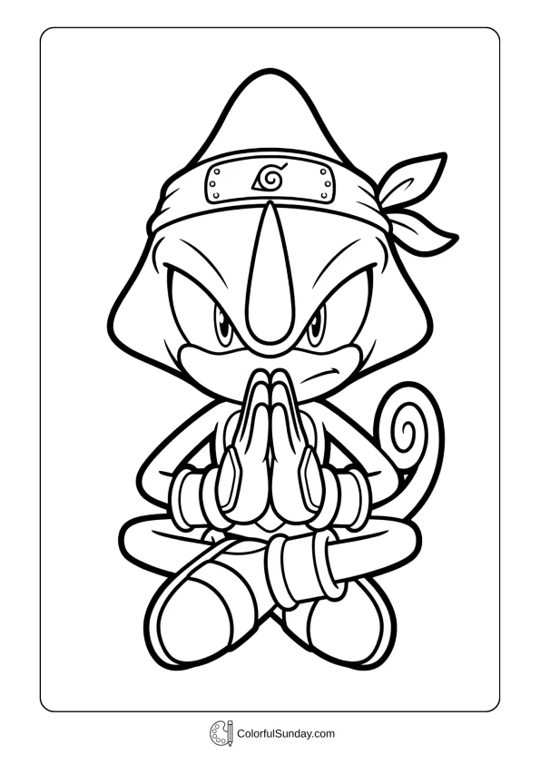 A coloring picture of Sonic ninja Espio the Chameleon meditating peacefully with hands together coloring page
